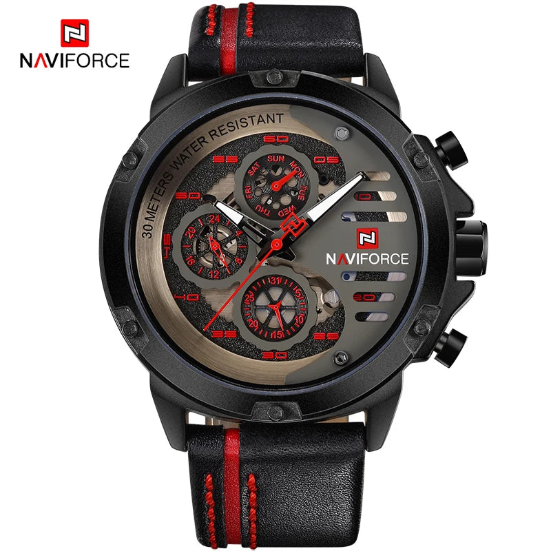 NAVIFORCE Men's Sports 24H Display Date Calendar Waterproof Watch Luminous Genuine Leather Strap Quartz Wristwatch Reloj Hombre