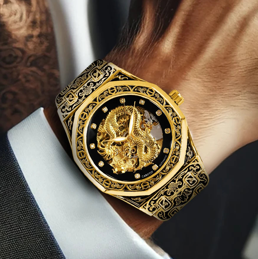 New Men's Watch with Gold Steel Strip, Business Style, Exquisite Carving Pattern, Big Golden Dragon Night Light Mechanical Watch