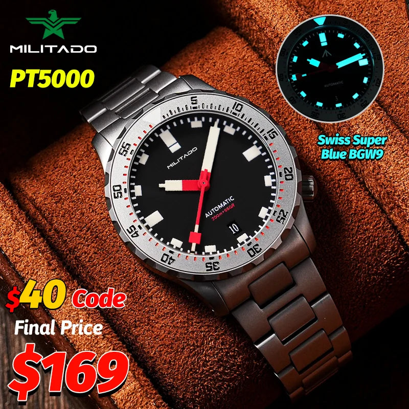 Militado ML20 39Mm Men Automatic Dive Watch Sl3001 Mechanical 200M Waterproof AR Sapphire Luminous Stainless Steel Wristwatch