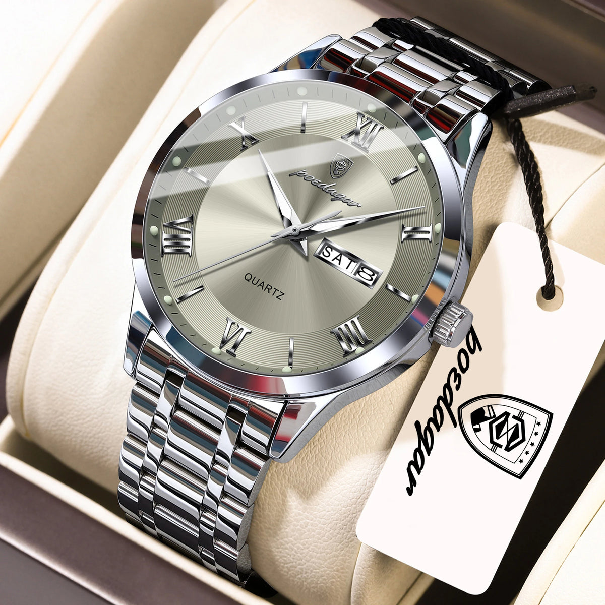 POEDAGAR Business Sports Man Wristwatch Waterproof Luminous Week Date Fashion Men's Clock Stainless Steel Quartz Watches For Men