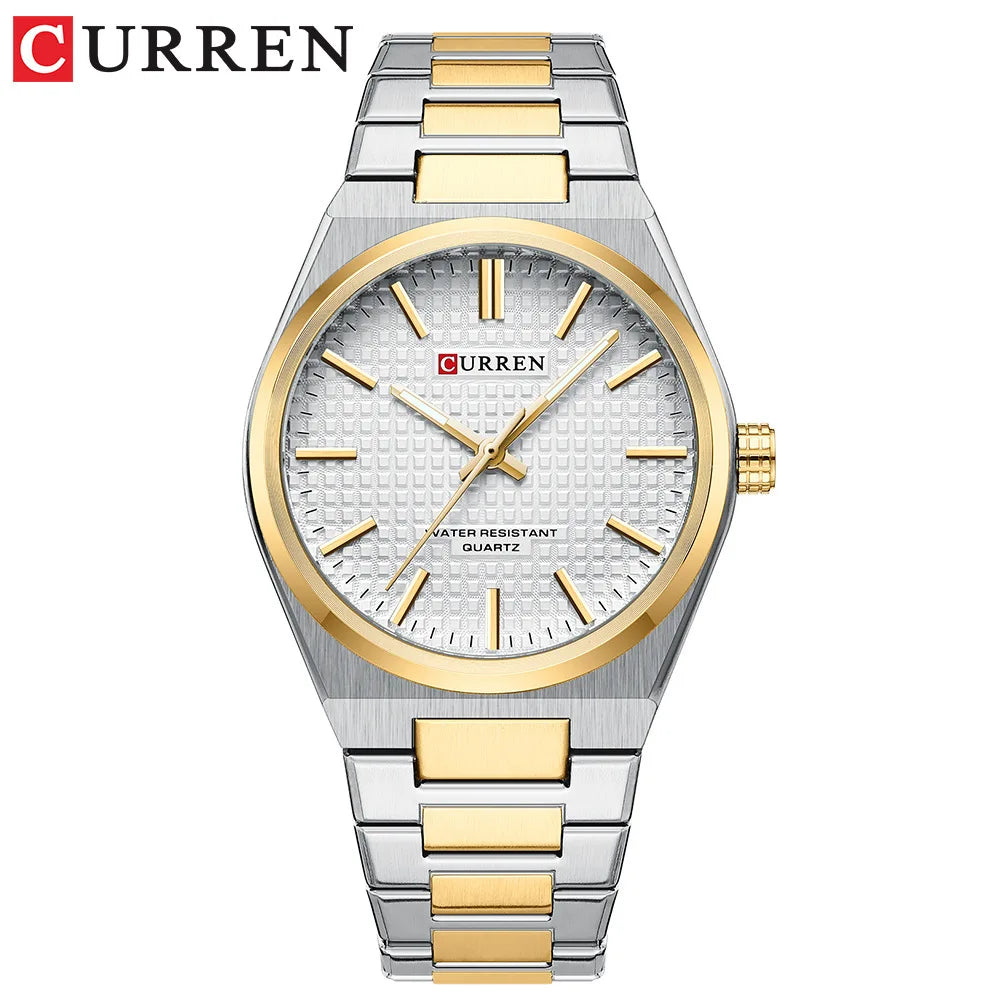 CURREN 8439 Men's Business Quartz Watch Minimalist Grid-Pattern Stainless Steel Strap Wristwatch with  Calendar Function