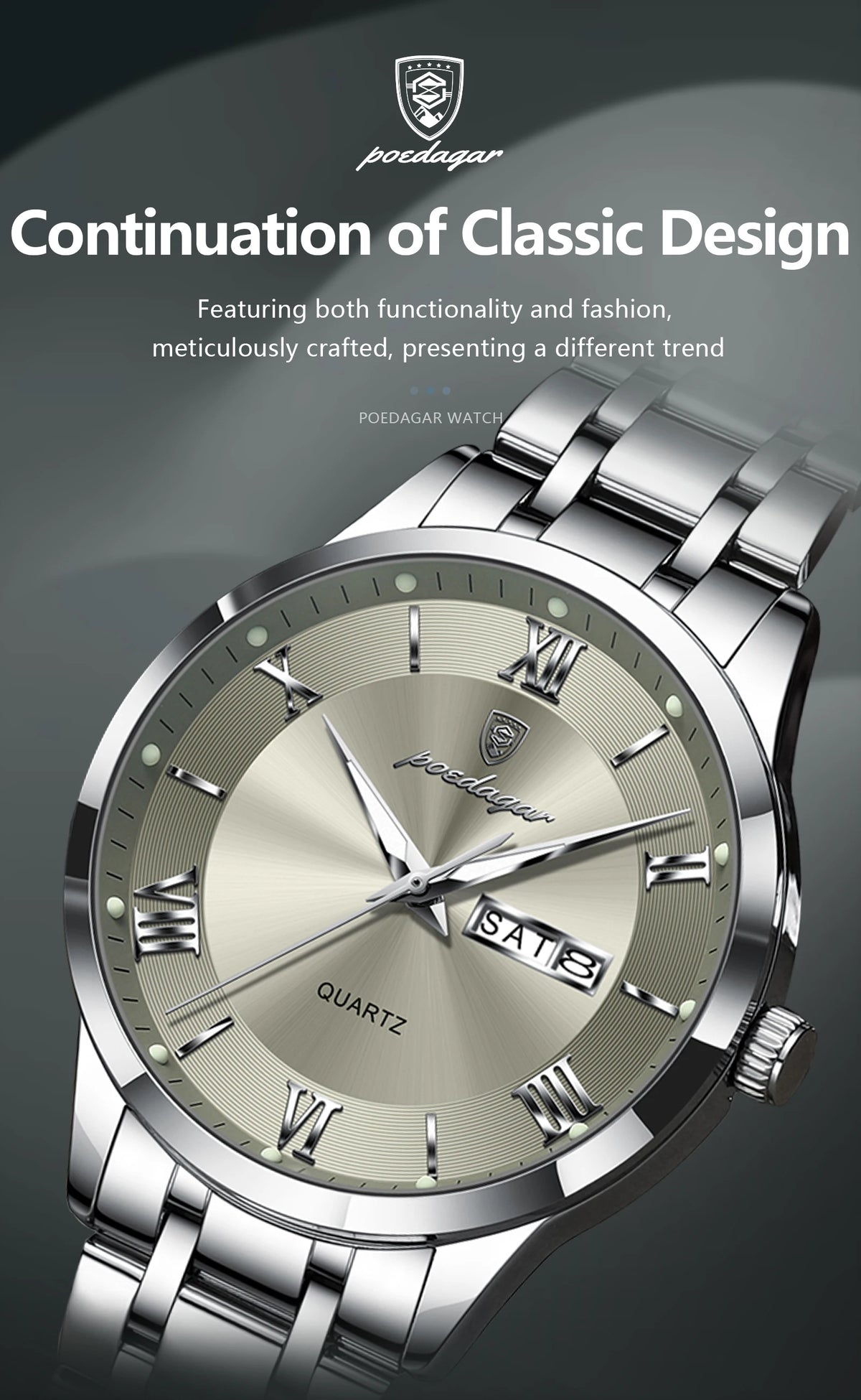POEDAGAR Business Sports Man Wristwatch Waterproof Luminous Week Date Fashion Men's Clock Stainless Steel Quartz Watches For Men