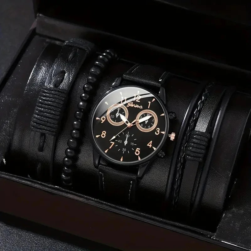 4 Pcs/Set Fashion Men's Casual Watches Men's Leather Bracelet Quartz Watch Man Present Bracelets Set (Without Box)