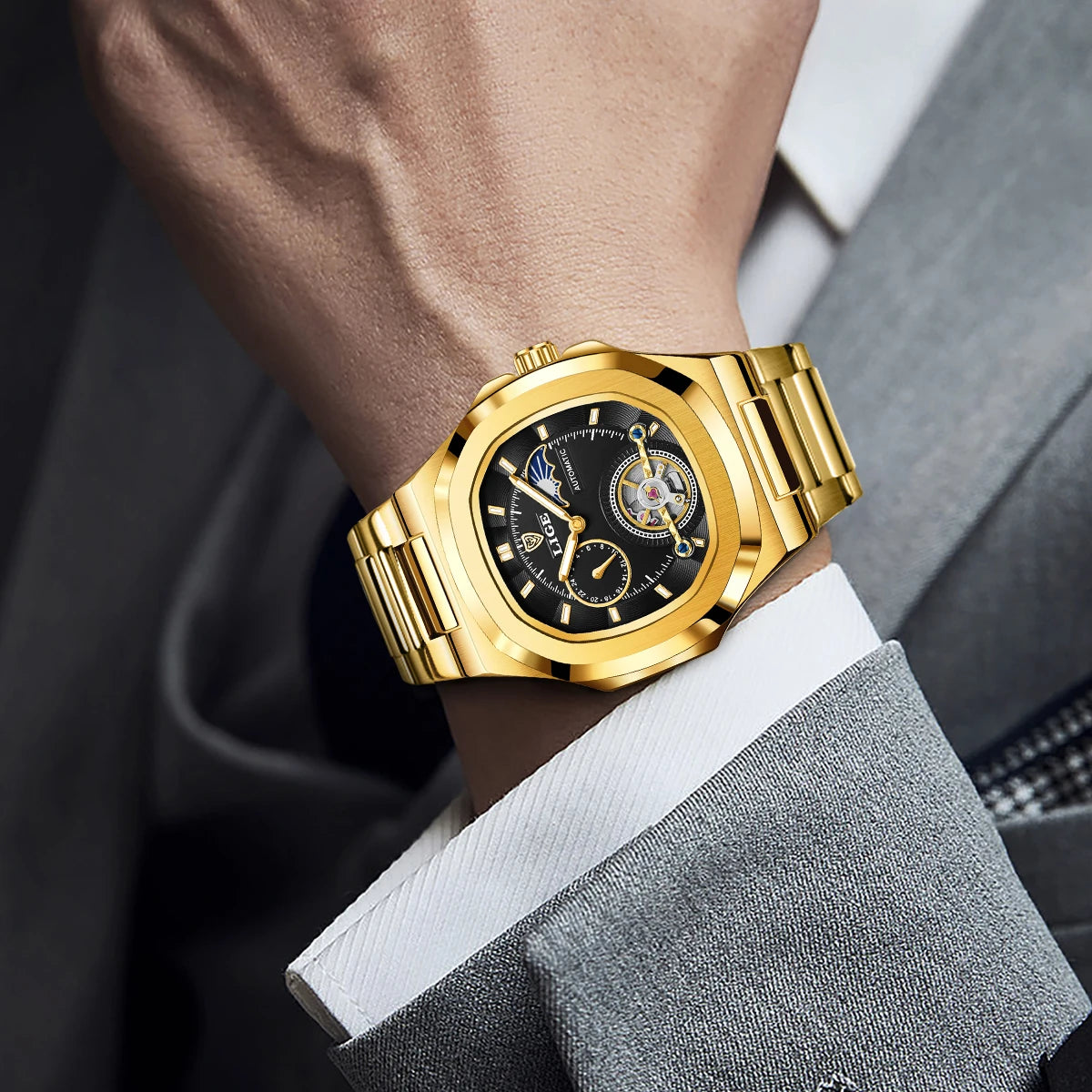 LIGE Mens Mechanical Watches Top Brand Luxury Square Automatic Watch For Men Waterproof Stainless Steel Clock Gift Montre Homme