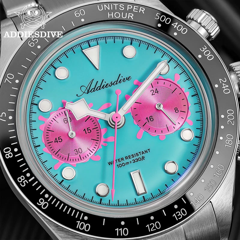 ADDIESDIVE Watches AD2520 Men VK64 Quartz Chronograph Watch Luminous Ceramic Bezel 40mm Bubble Glass 100m Waterproof Wristwatch