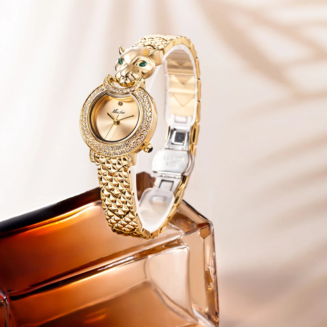 MISSFOX Leopard 3D Bling Diamond Quartz Women Watch Fashion Casual Ladies Watch Female Quartz Gold Watch Jewelry Women Clock