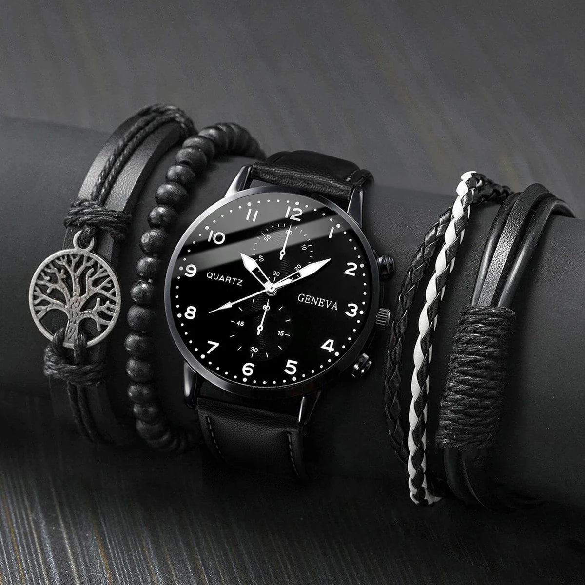 5PCS/Set Men's Watch Fashion Arabic Dial Analog Quartz Watches Vintage Leather Bracelets Set（Without Box）