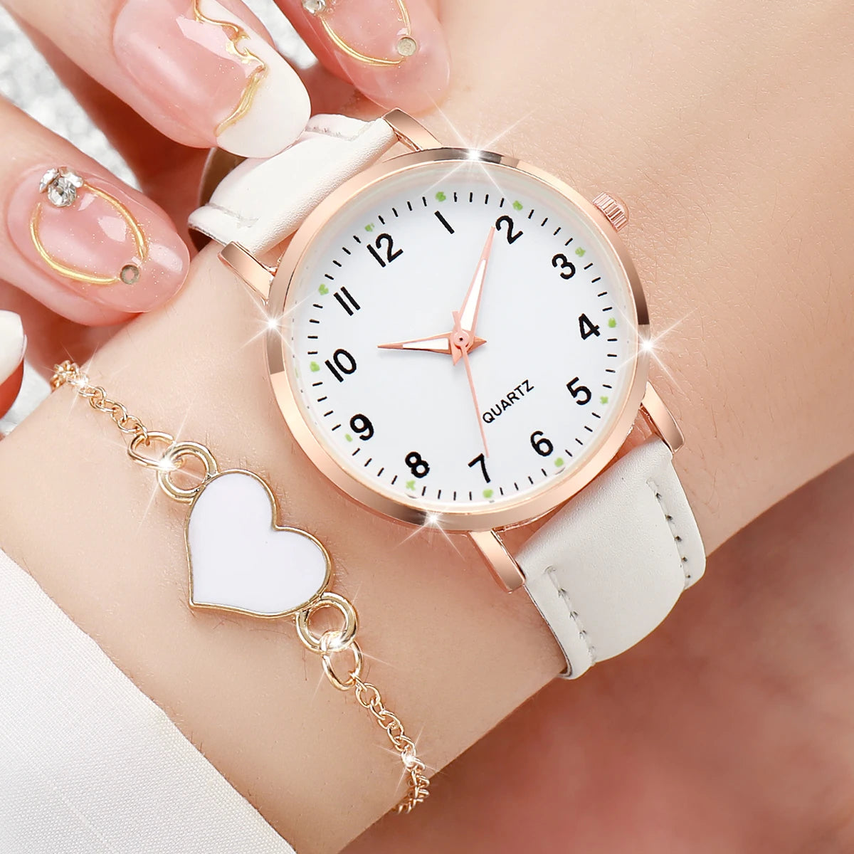 4/6PCS Fashion Arabic Dial Women Watches Ladies Leather Strap Quartz Wristwatch Heart Bracelets Set Reloj Mujer(Without Box)
