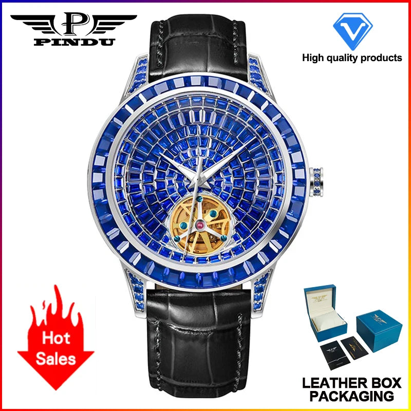 PINDU Brand Design New 43MM Mechanical Watch Men Diamond Dial Stainless Steel Waterproof TOP-Luxury Automatic Mechanical Watch