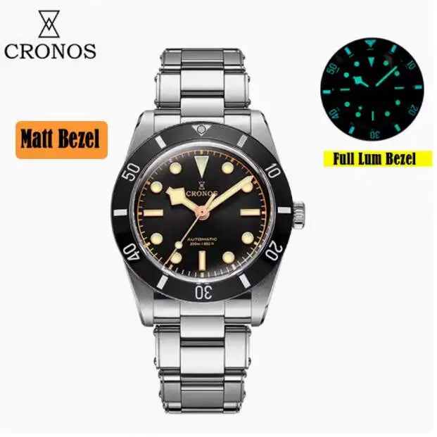 CRONOS Men Automatic Watch 37mm Mechanical Wristwatch Sapphire Diver 20ATM Waterproof BGW-9 Luminous PT5000 SW200 Mov.