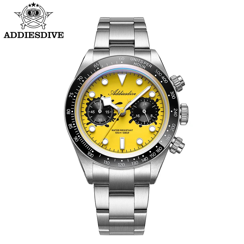 ADDIESDIVE Watches AD2520 Men VK64 Quartz Chronograph Watch Luminous Ceramic Bezel 40mm Bubble Glass 100m Waterproof Wristwatch