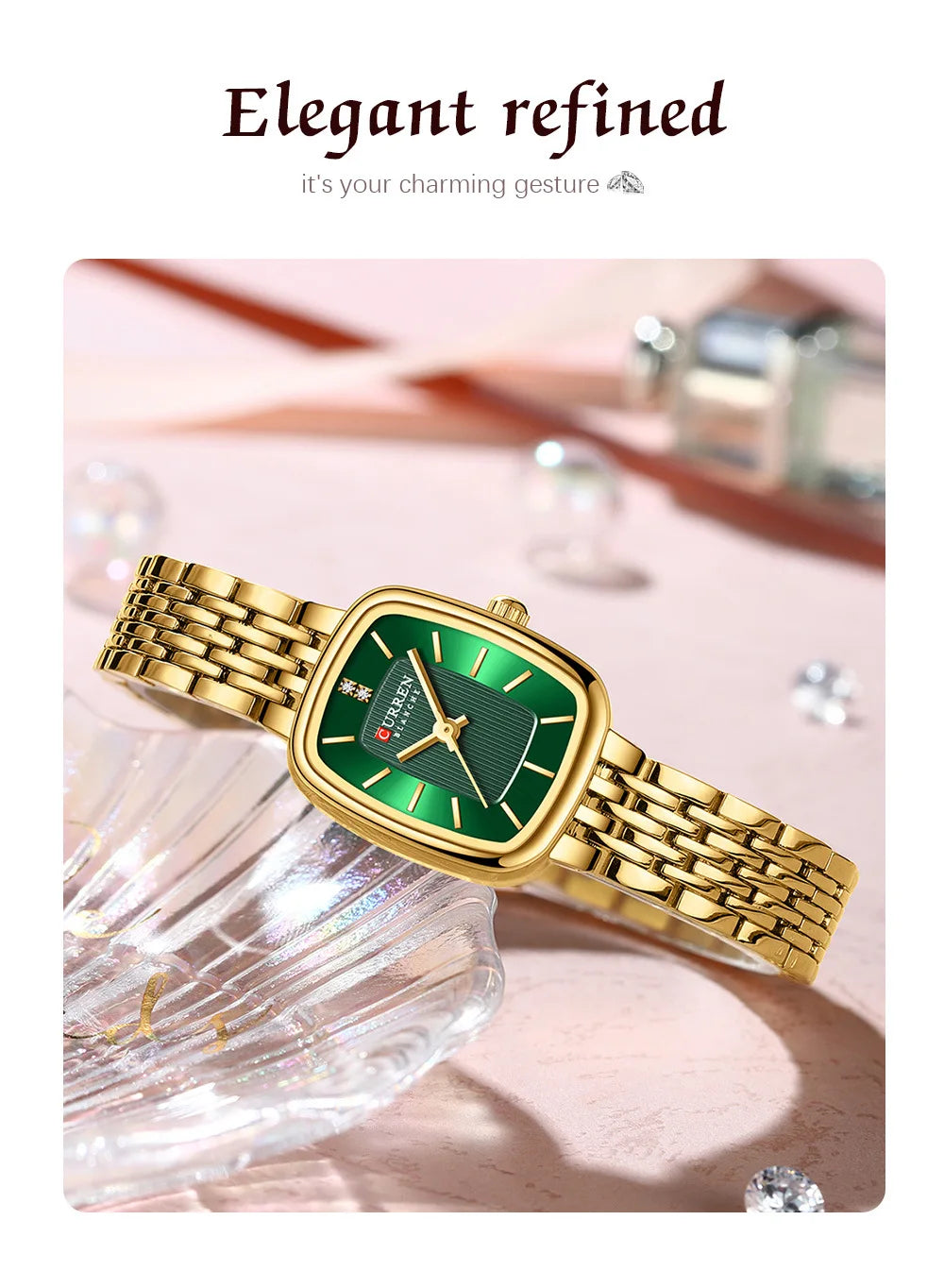 CURREN 9093 Fashion Quartz Women Watch Elegant Square Dial Gold Stainless Steel Strap Waterproof Leisure Ladies Business Watches