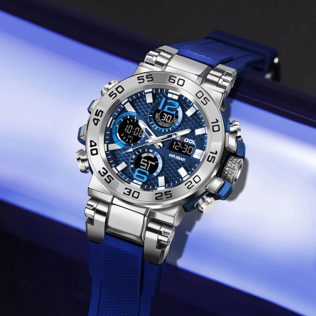 WECOOL Brand Dual Display Digital W-822 50M Waterproof Alarm Clock Luminous  Watch For Man