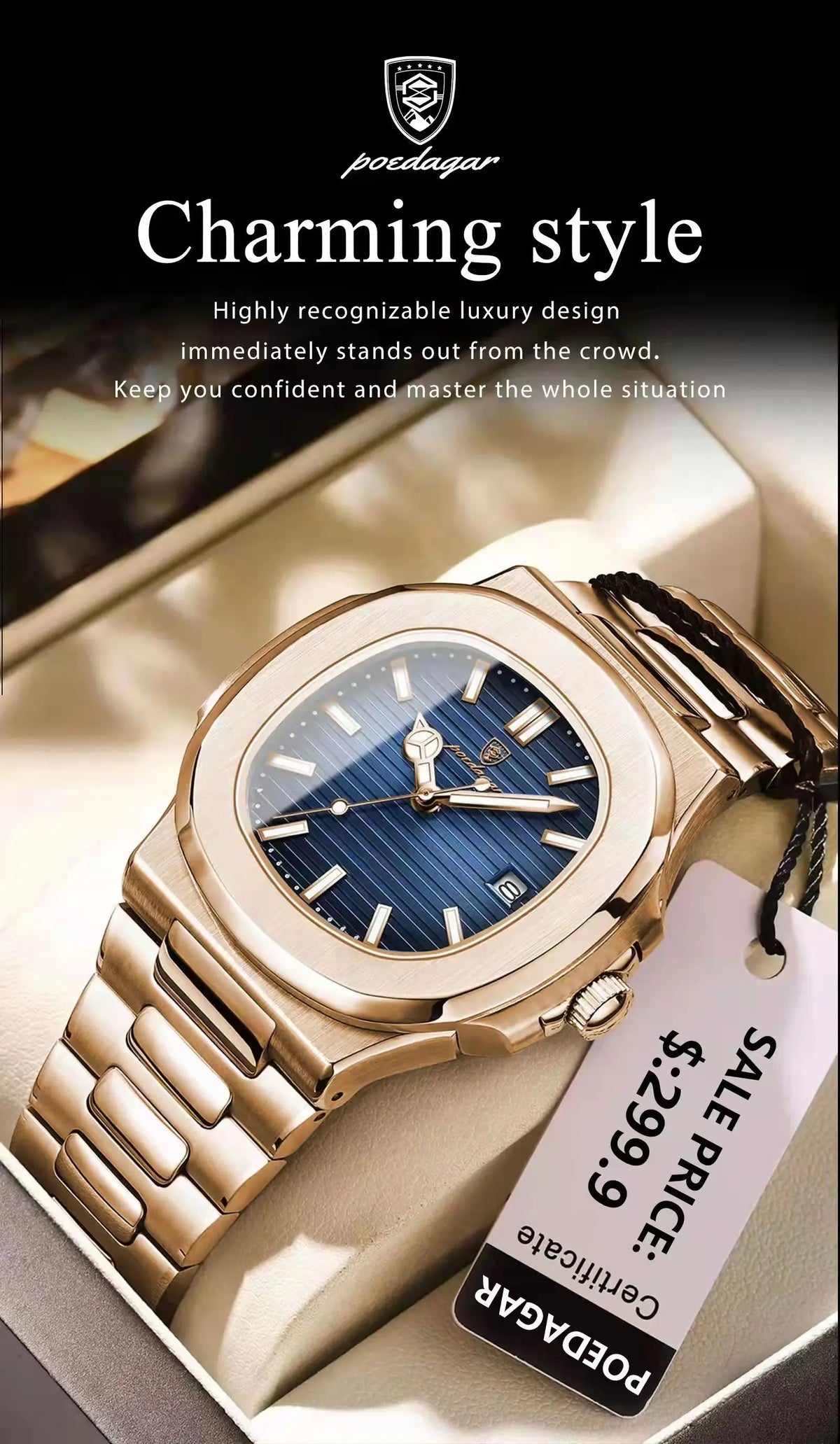 POEDAGAR Luxury Man Wristwatch Business Stainless Steel Quartz Men Watch Waterproof Luminous Date Square Men's Watches Clock+Box