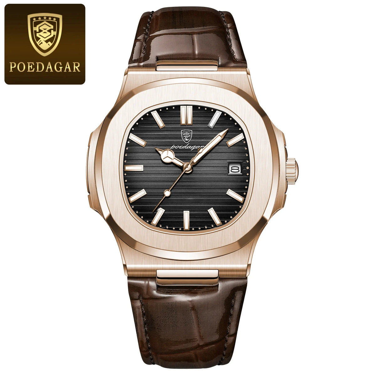 POEDAGAR Luxury Man Wristwatch Business Stainless Steel Quartz Men Watch Waterproof Luminous Date Square Men's Watches Clock+Box