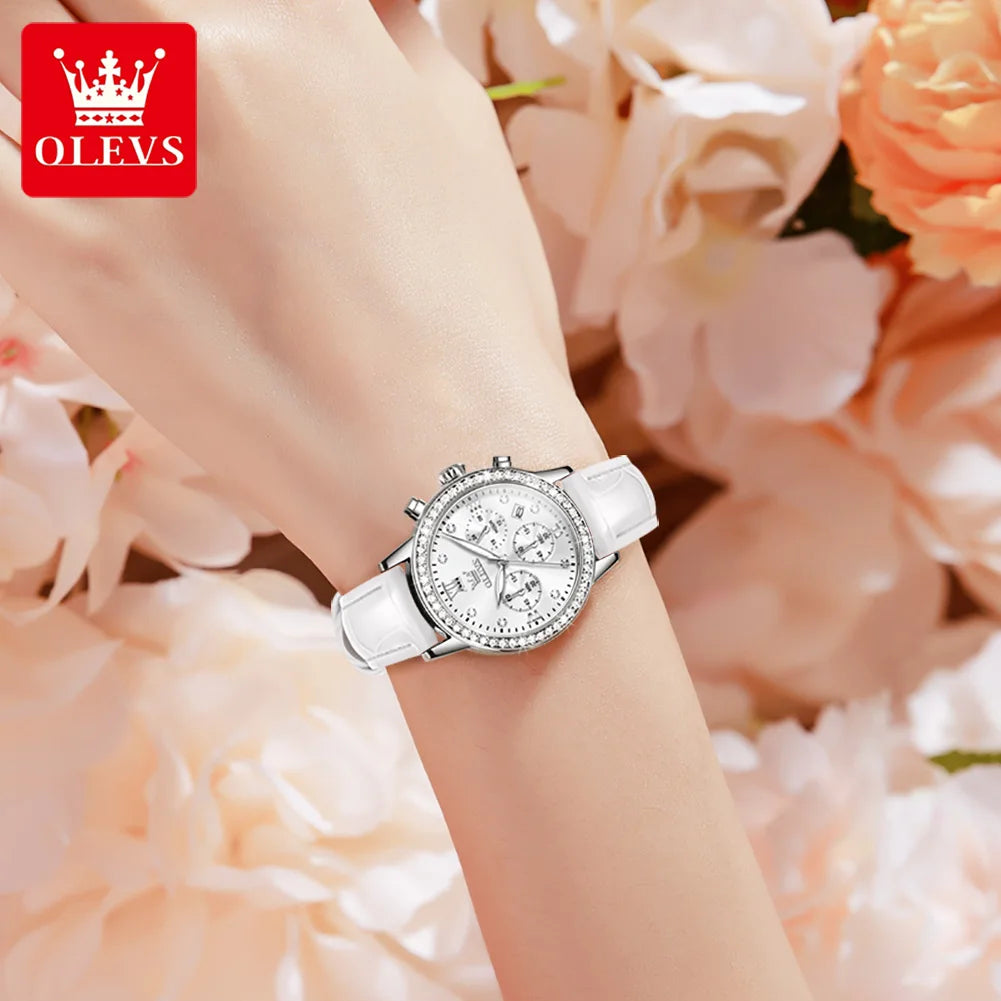 OLEVS 9933 Women' Watches Luxury Brand Diamond Quartz Wristwatch Waterproof Luminous   Leather Strap Multifunction Ladies Watch