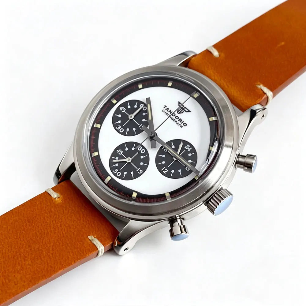 Luxury 38mm Tandorio Chronograph Quartz Men Watch VK63 Domed Glass Retro Business Clock Push Pull Crown