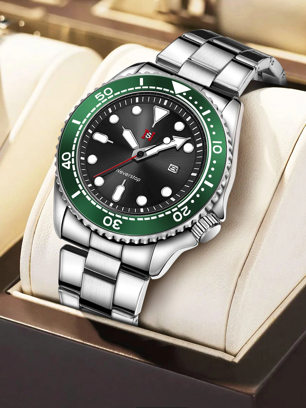 NS Mens Sports Watch | Multi-Color High-Contrast Dial and Markers Ceramic Bezel Stainless Steel Band Versatile Style