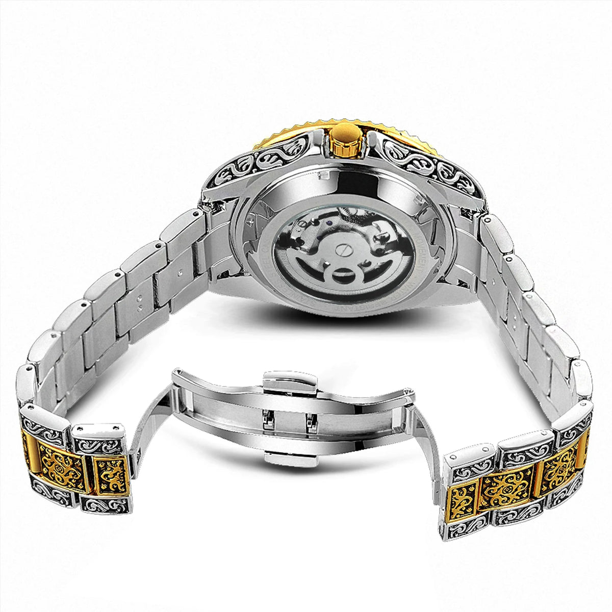 Forsining Luxury Gold Skeleton Mechanical Watches Moon Phase Retro Engraved Luminous Tourbillon Automatic Mens Watch Steel Strap