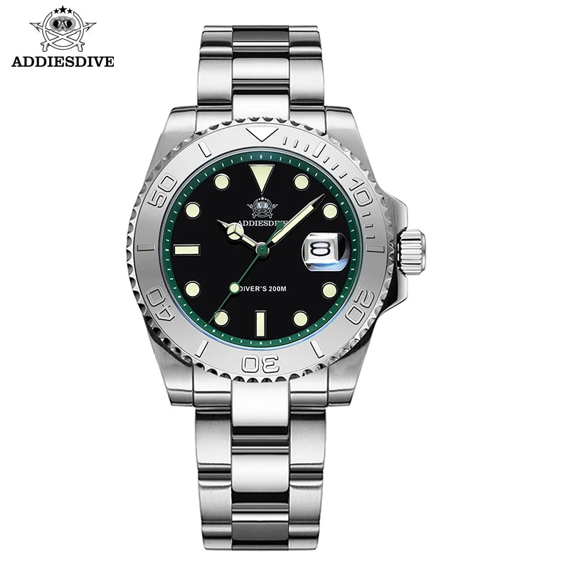 ADDIESDIVE Men's Dive Watch 200m Water Resistance BGW9 Super Luminous Ceramic Bezel Stylish Men's Stainless Steel Quartz Watch