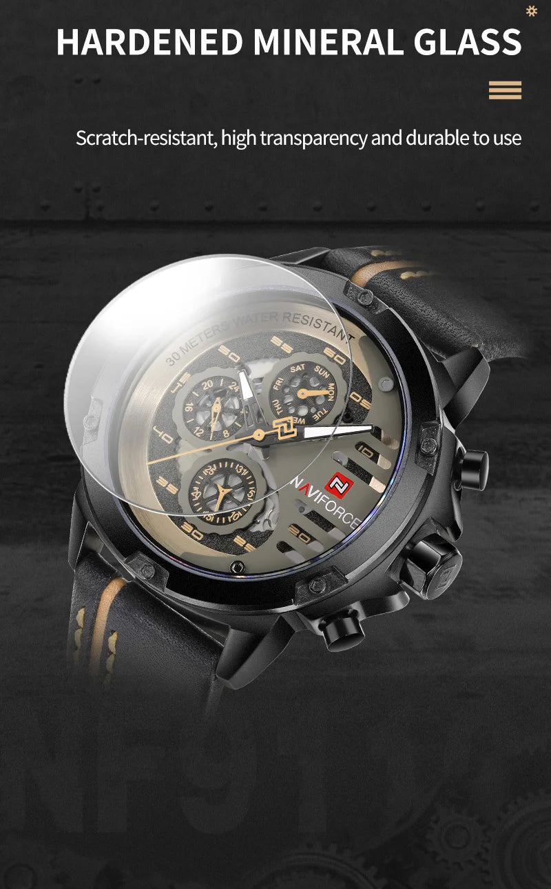 NAVIFORCE Men's Sports 24H Display Date Calendar Waterproof Watch Luminous Genuine Leather Strap Quartz Wristwatch Reloj Hombre