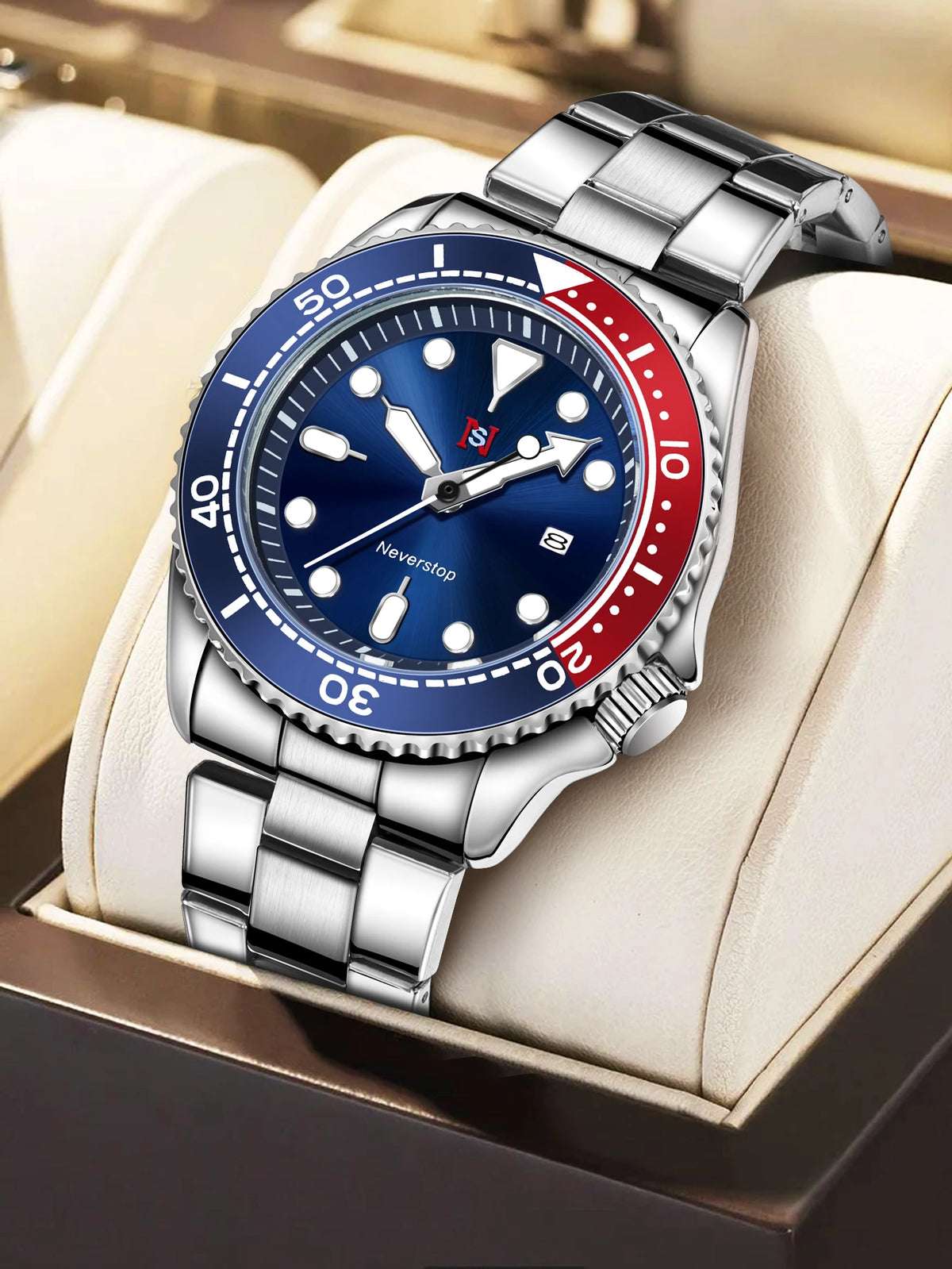 NS Mens Sports Watch | Multi-Color High-Contrast Dial and Markers Ceramic Bezel Stainless Steel Band Versatile Style