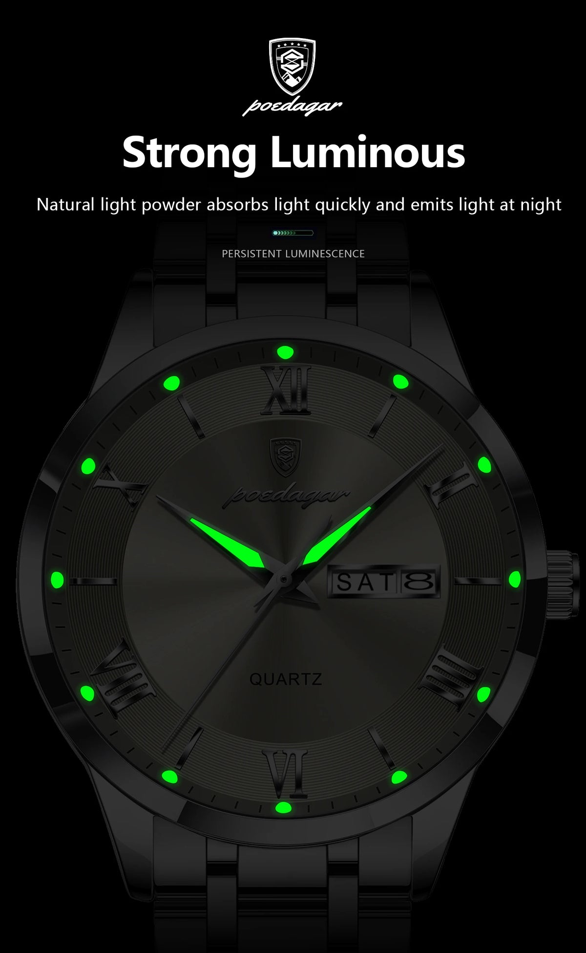 POEDAGAR Business Sports Man Wristwatch Waterproof Luminous Week Date Fashion Men's Clock Stainless Steel Quartz Watches For Men