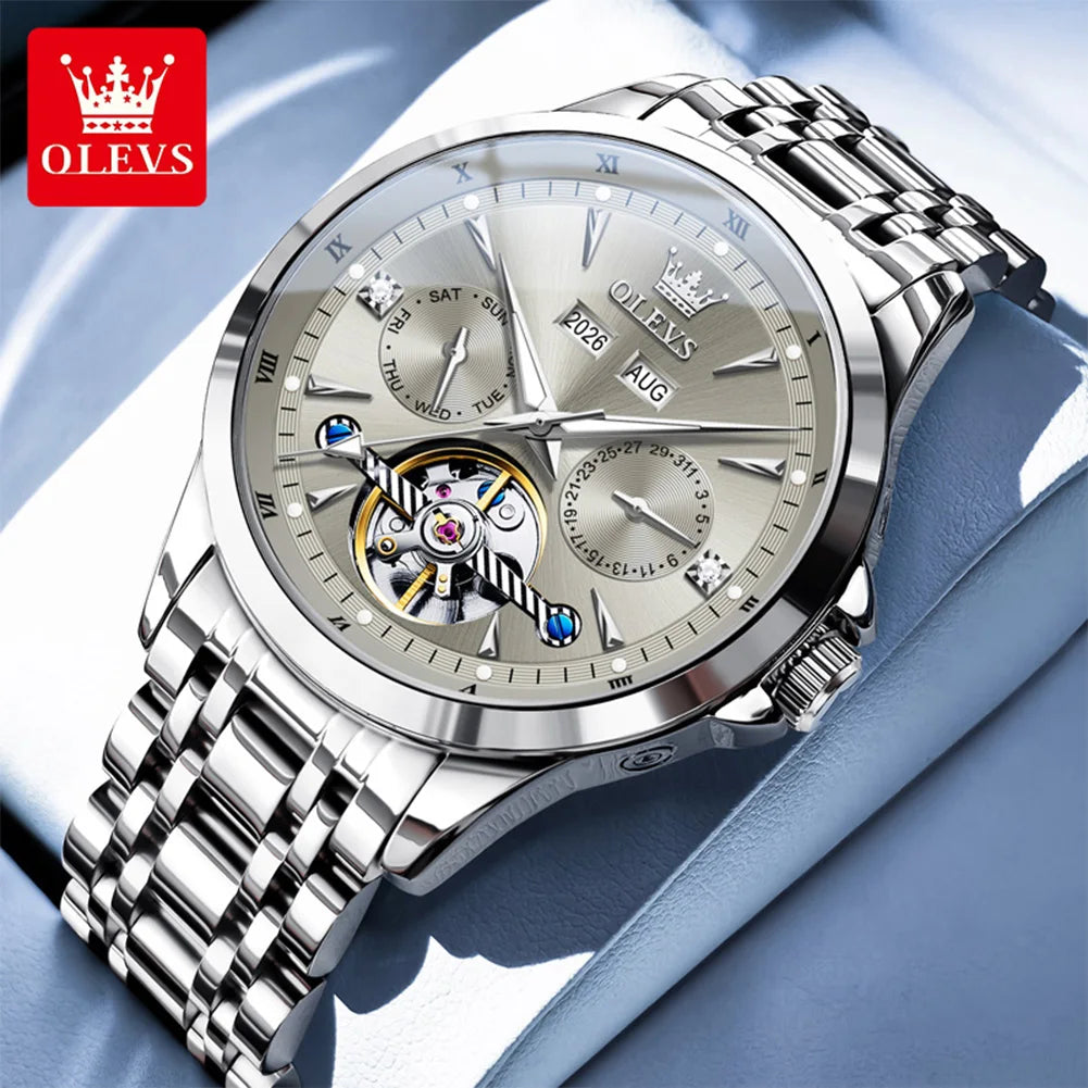 OLEVS 7091 Automatic Men's Watches Skeleton Flywheel Dual Calendar Stainless Steel Waterproof Luminous Mechanical Watch For Man