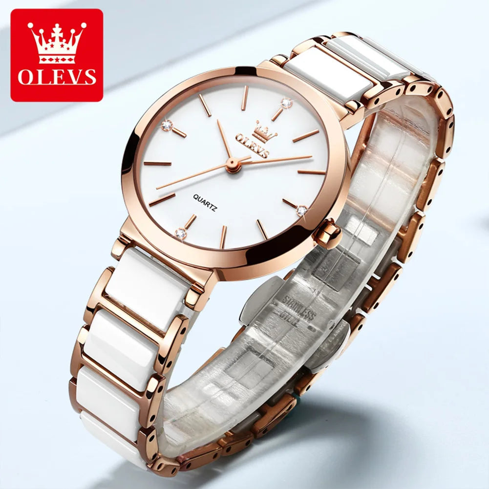 OLEVS Fashion Women Watches Relogio Feminino Luxury Rose Gold Watches Ladies Quartz Wrist Watch Ceramic Strap Clock Reloj Mujer