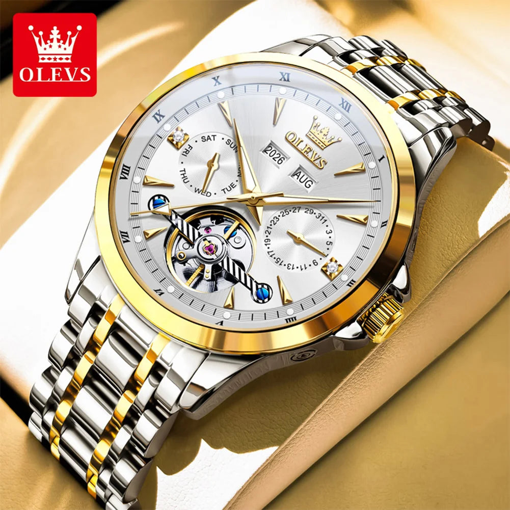 OLEVS 7091 Automatic Men's Watches Skeleton Flywheel Dual Calendar Stainless Steel Waterproof Luminous Mechanical Watch For Man