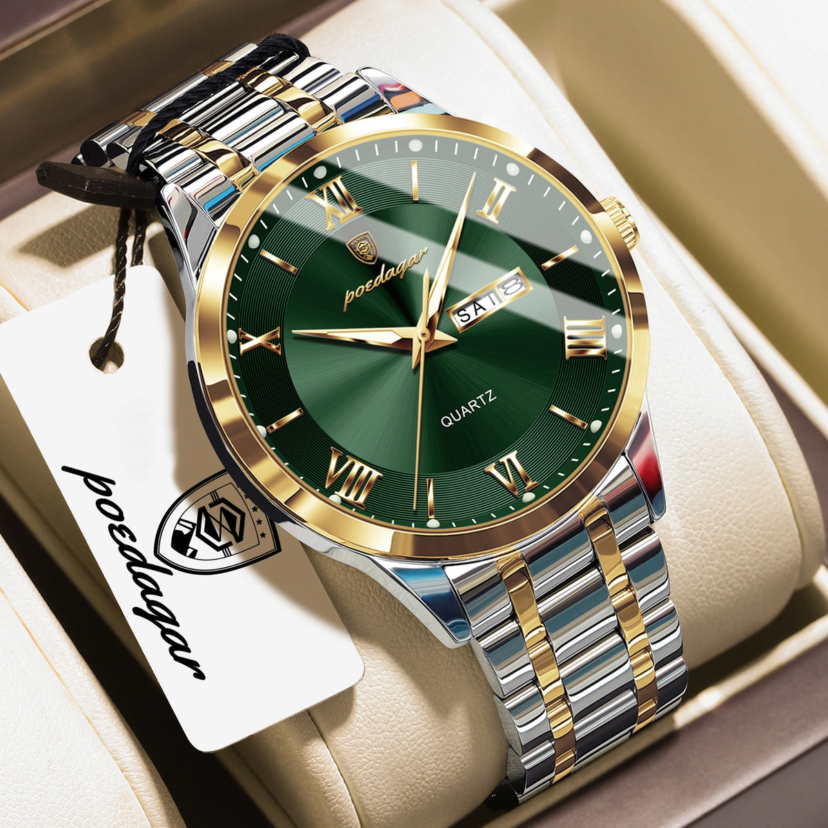 POEDAGAR Business Sports Man Wristwatch Waterproof Luminous Week Date Fashion Men's Clock Stainless Steel Quartz Watches For Men