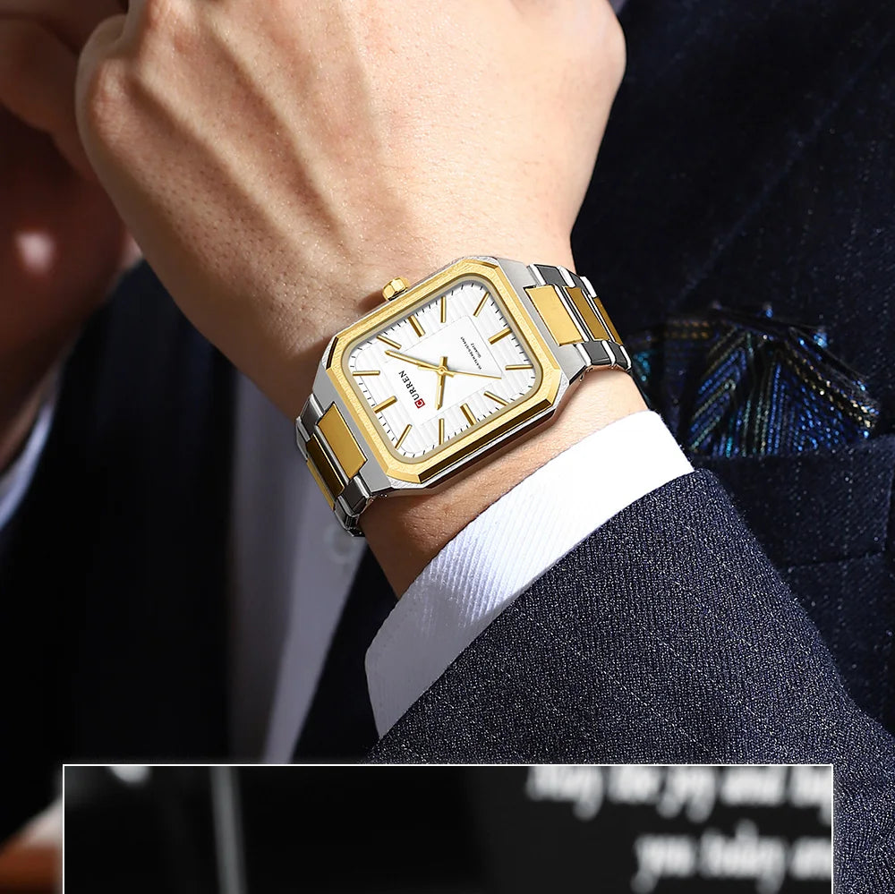 CURREN NEW Stainless Steel Strap Vintage Rectangle Dial Quartz Watches for Men Luminous Hands Waterproof