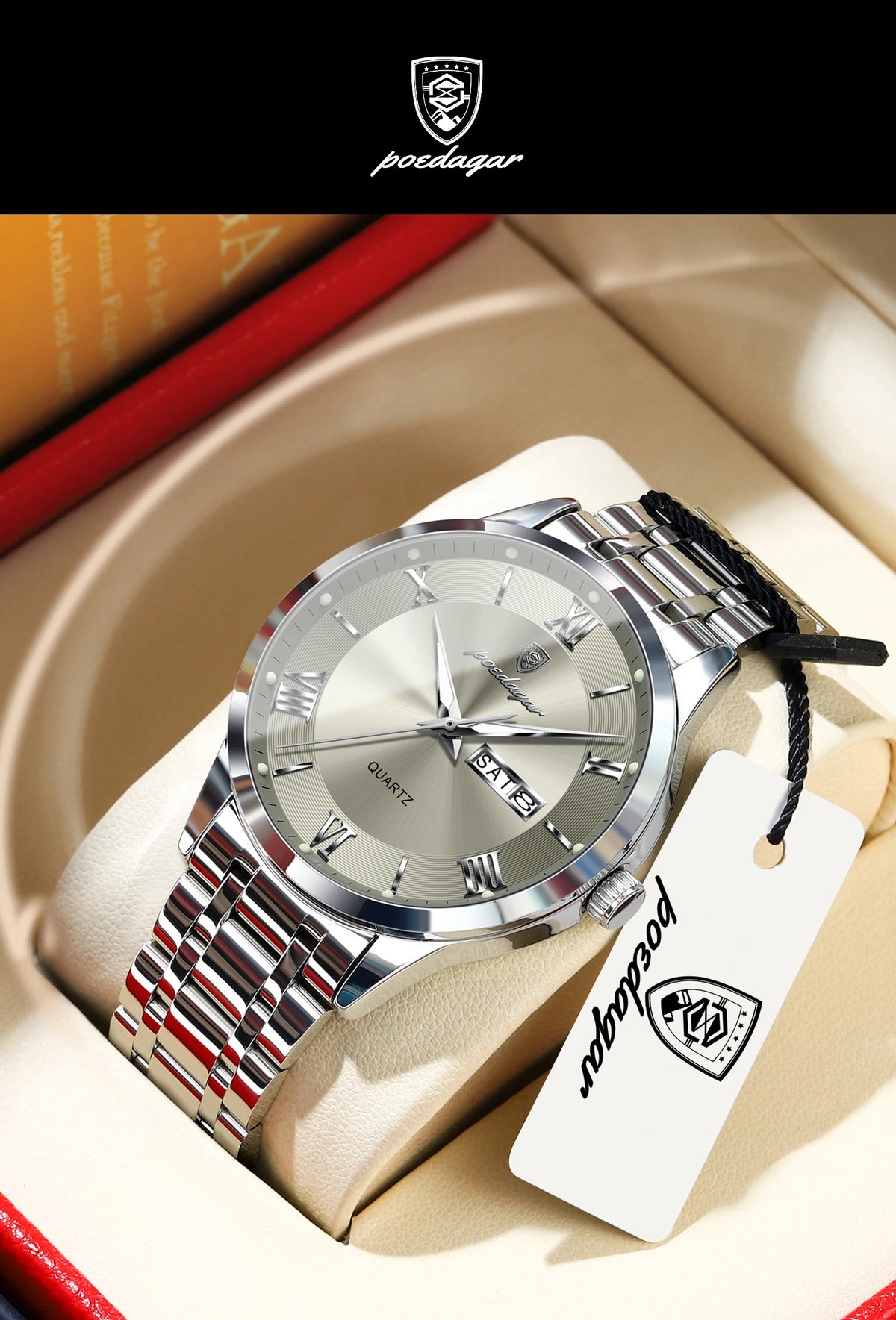 POEDAGAR Business Sports Man Wristwatch Waterproof Luminous Week Date Fashion Men's Clock Stainless Steel Quartz Watches For Men