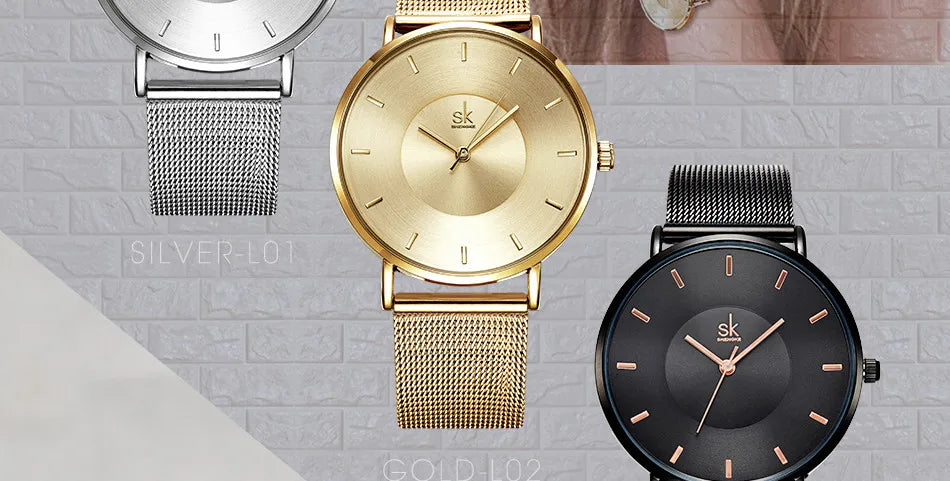 Shengke Fashion Black Watch For Women Classic Relogio Feminino Ultra Thin Quartz Watch Woman Adjustable Mesh Strap Montre Femme
