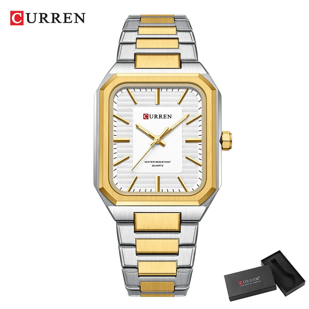 CURREN NEW Stainless Steel Strap Vintage Rectangle Dial Quartz Watches for Men Luminous Hands Waterproof
