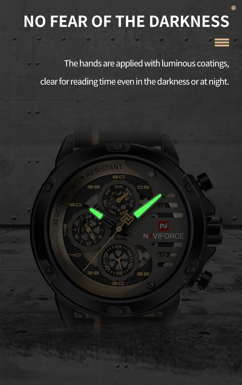NAVIFORCE Men's Sports 24H Display Date Calendar Waterproof Watch Luminous Genuine Leather Strap Quartz Wristwatch Reloj Hombre