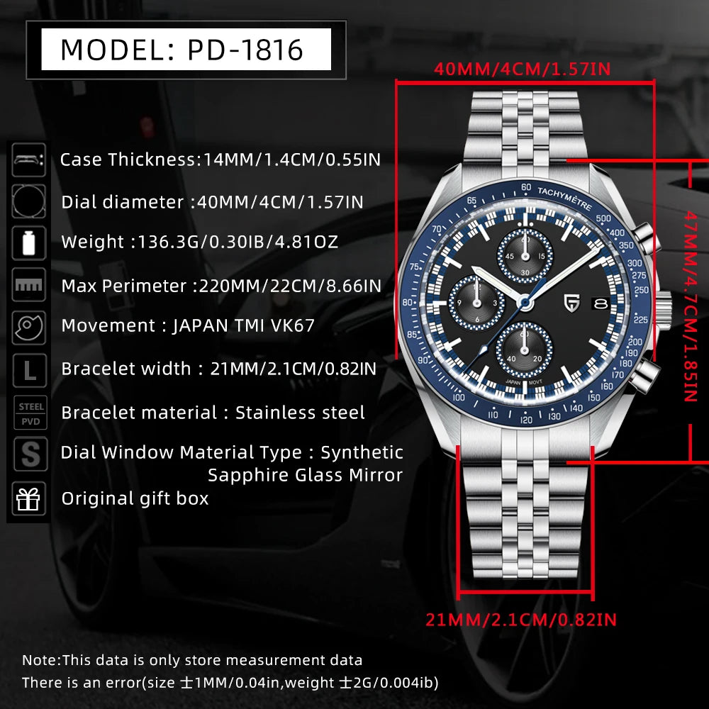 2026 New PAGANI DESIGN Moon Men's Watches Luxury Speed Chronograph Quartz Watch For Man AR Sapphire Mirror Waterproof Clock Gift