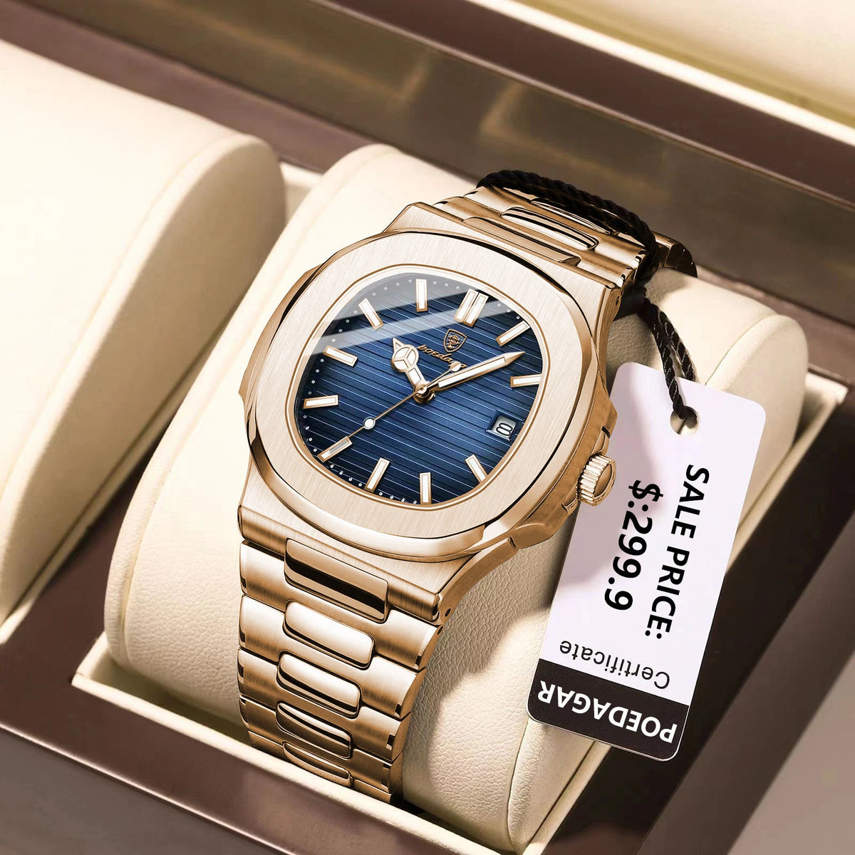 POEDAGAR Luxury Man Wristwatch Business Stainless Steel Quartz Men Watch Waterproof Luminous Date Square Men's Watches Clock+Box