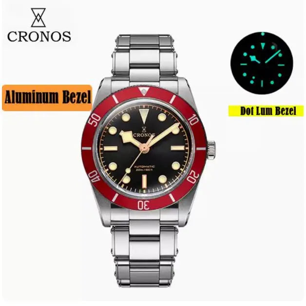 CRONOS Men Automatic Watch 37mm Mechanical Wristwatch Sapphire Diver 20ATM Waterproof BGW-9 Luminous PT5000 SW200 Mov.