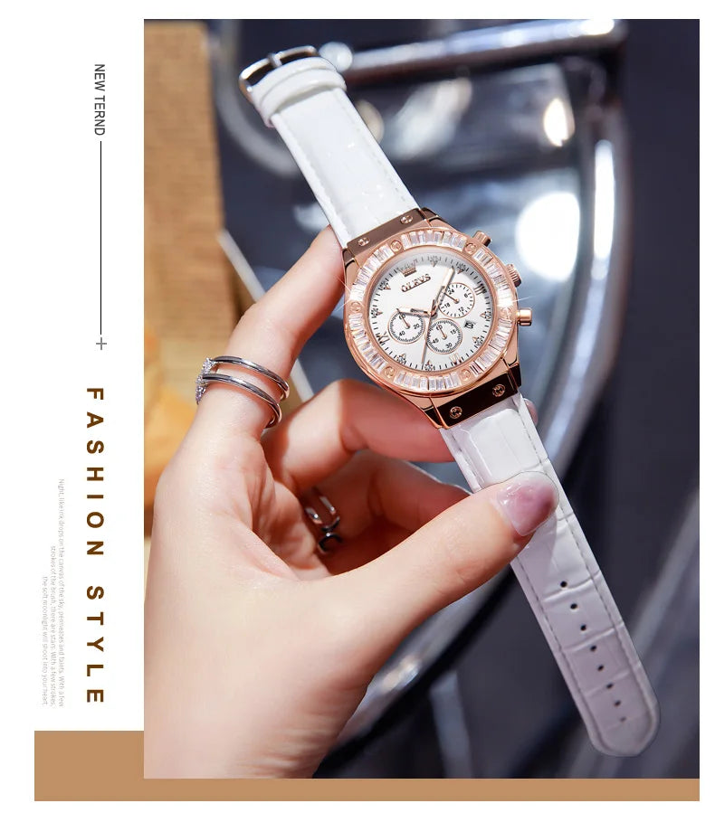 OLEVS Analog Quartz Watch for Women Leather Strap Waterproof Luxury Elegant Ladies' Watches Business Luxury Ladies Wristwatch