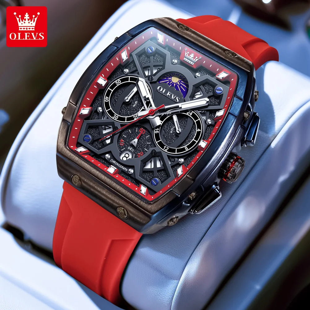 OLEVS 2942 New Mens Watch Original Quartz Watch Hollow Out Watches Waterproof Luminous Watches For Men Moon Phase Silicone Strap
