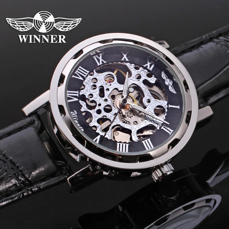 High quality Winner Gold Male Clock Transparent Skeleton Mechanical Watches for men Luxury Luminous Leather manual Wristwatch