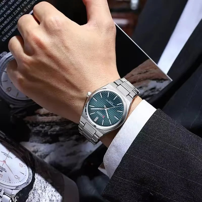 CURREN 8439 Men's Business Quartz Watch Minimalist Grid-Pattern Stainless Steel Strap Wristwatch with  Calendar Function