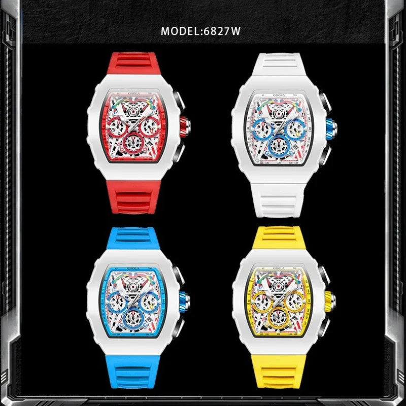 Gift Box for Man ONOLA 6827GM Trend White Quartz Wristwatch Silicone Strap Chronograph Luminous Waterproof Men Watch