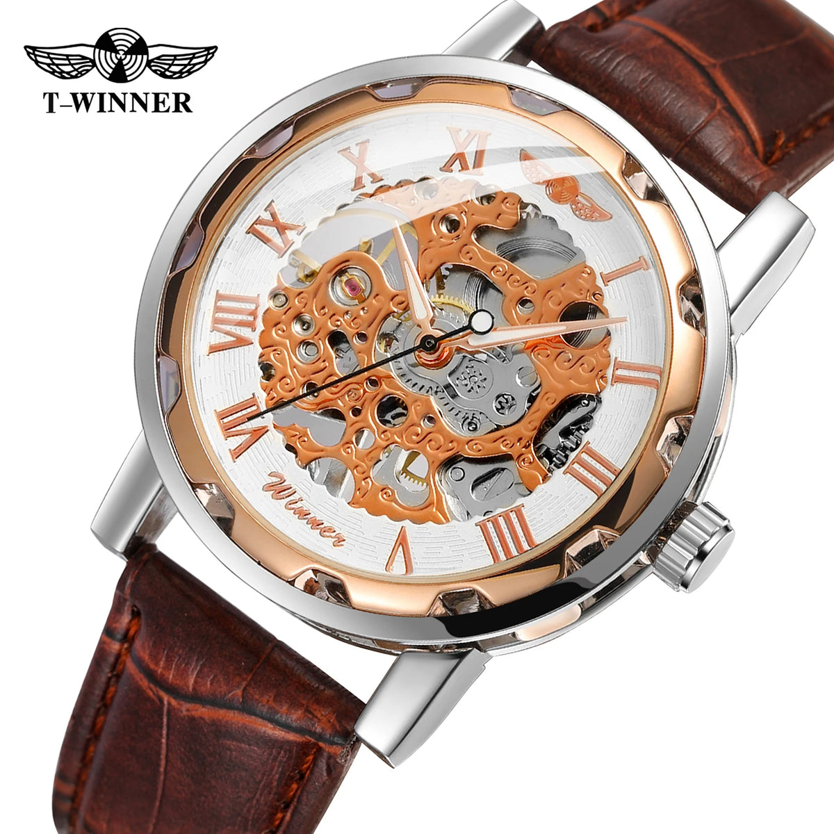 High quality Winner Gold Male Clock Transparent Skeleton Mechanical Watches for men Luxury Luminous Leather manual Wristwatch