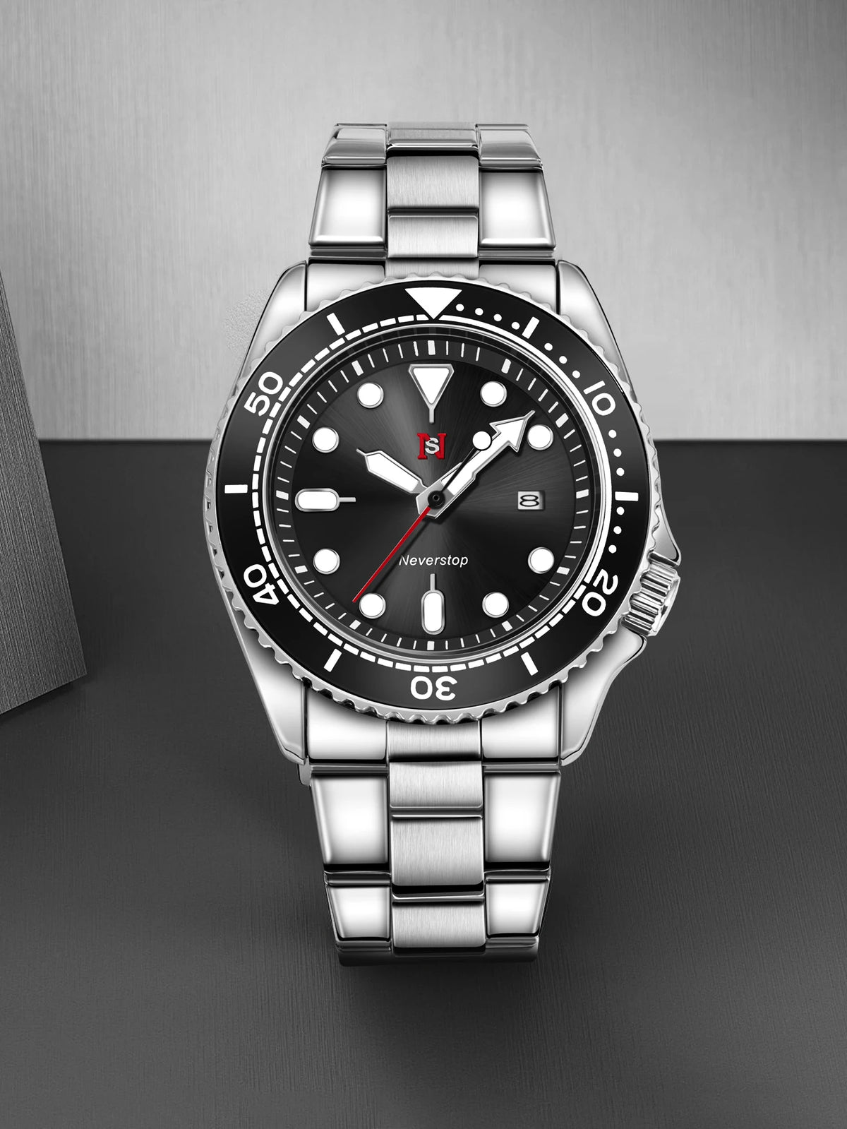 NS Mens Sports Watch | Multi-Color High-Contrast Dial and Markers Ceramic Bezel Stainless Steel Band Versatile Style