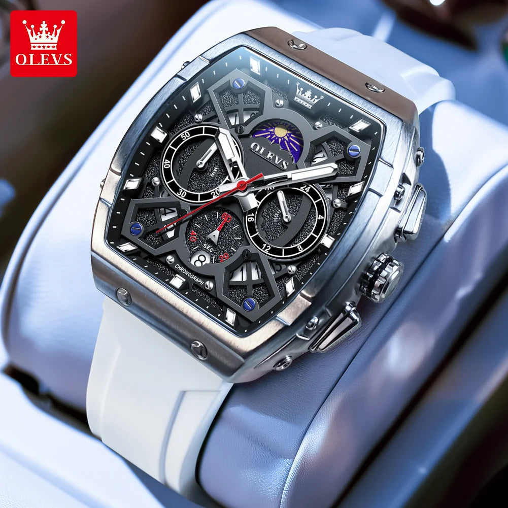 OLEVS 2942 New Mens Watch Original Quartz Watch Hollow Out Watches Waterproof Luminous Watches For Men Moon Phase Silicone Strap