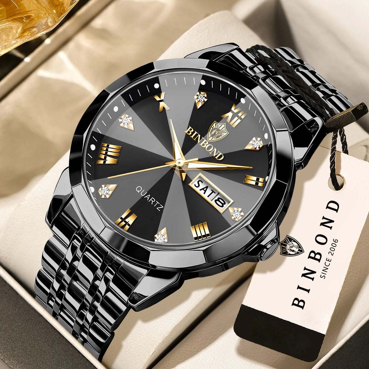 BINBOND Quartz Wristwatches For Men Luminous Waterproof Men's Watch Stainless Steel Original Reloj Para Hombre Todo +Box