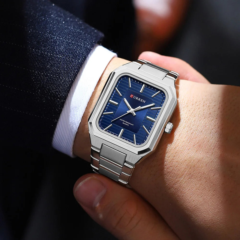 CURREN NEW Stainless Steel Strap Vintage Rectangle Dial Quartz Watches for Men Luminous Hands Waterproof