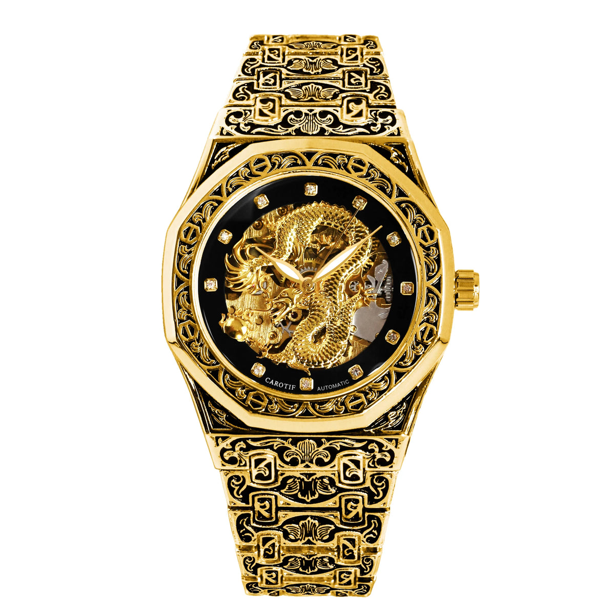 New Men's Watch with Gold Steel Strip, Business Style, Exquisite Carving Pattern, Big Golden Dragon Night Light Mechanical Watch